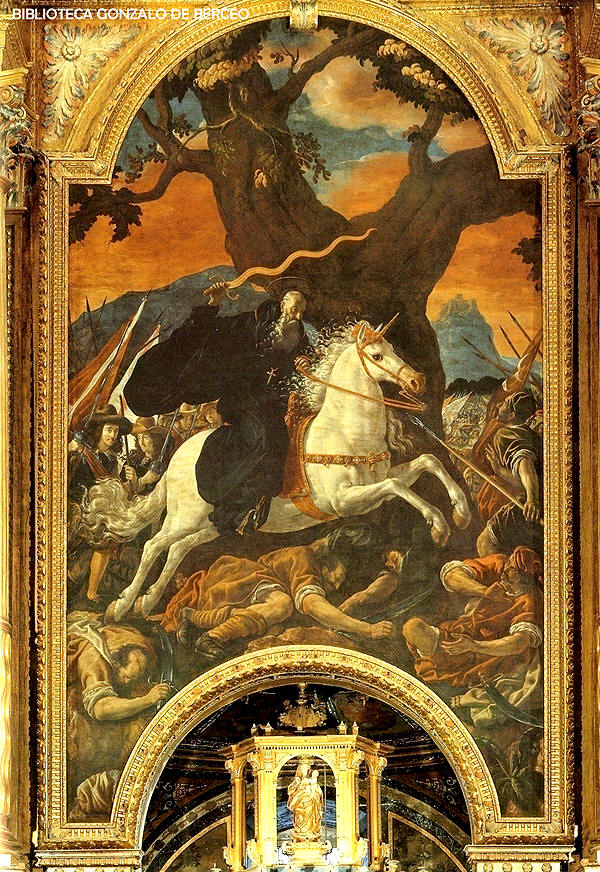 San Millán en la batalla de Hacinas de Juan de Rizzi; en el monasterio de Yuso en San Millán de la Cogolla
