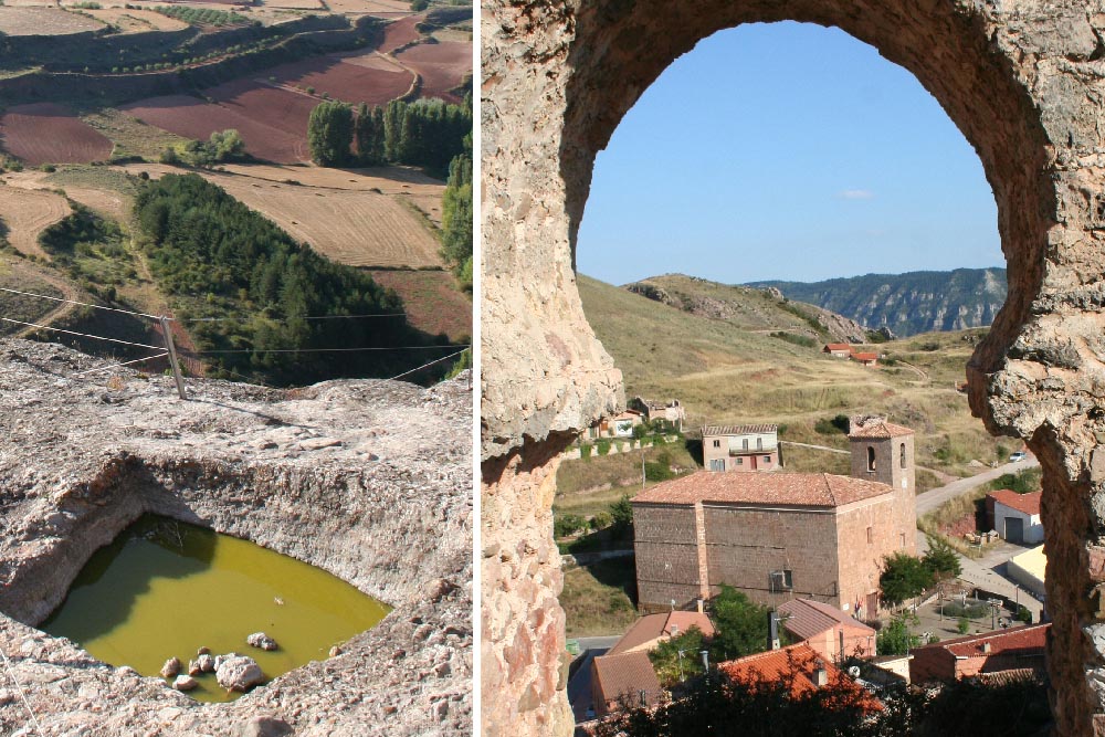 Castillo de Clavijo.A la izquierda el aljibe del castillo; a la derecha, desde el interior del castillo,la puerta califal y al fondo la villa de Clavijo.